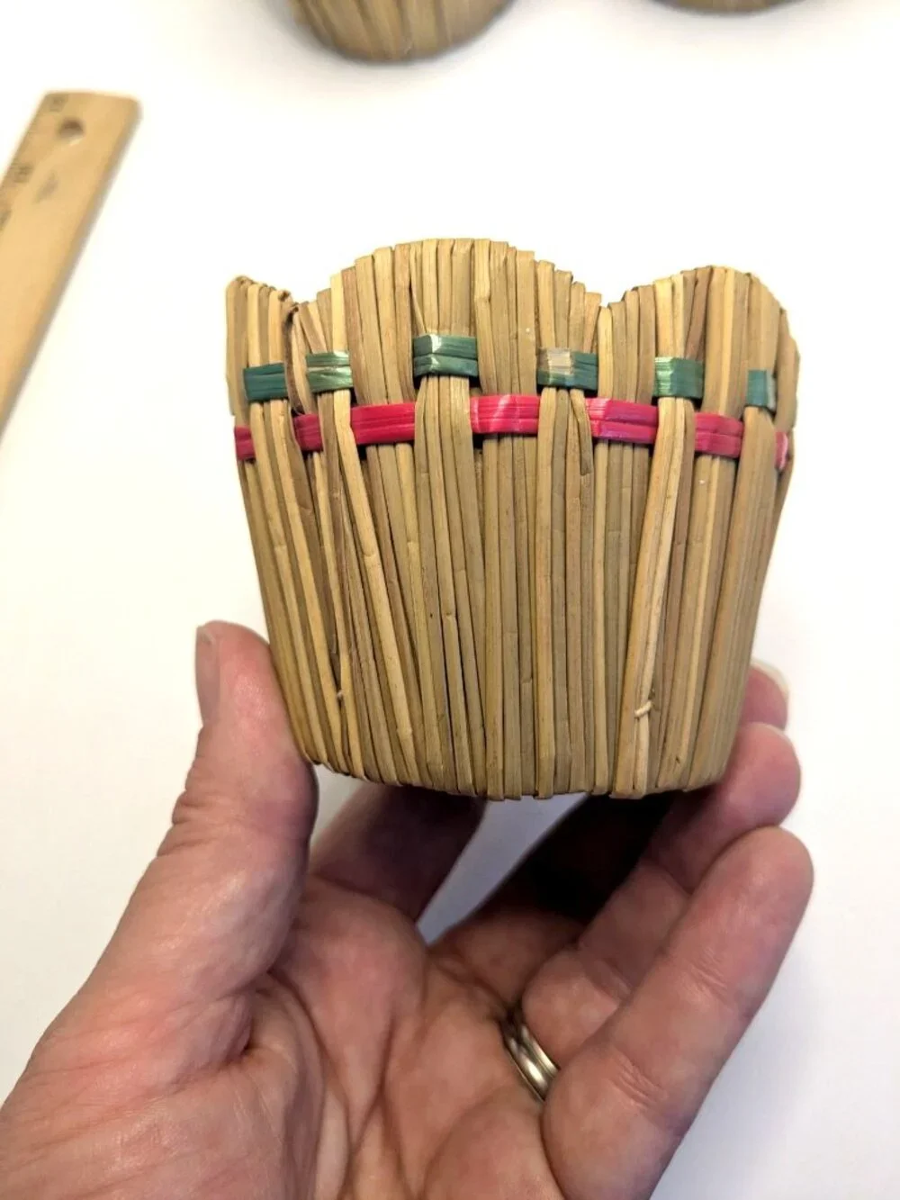 Vtg. Japanese Tiki Barware Raffia Straw Woven Glass Holders Set Of 6 1950s
